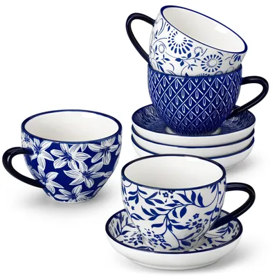 Produktbild von VANCASSO 4-tlg Tassen Set, Teetasse, Kaffeetasse mit Unterteller, 240ml, Blauweißes Porzellan