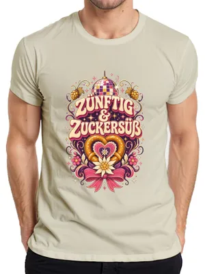 Productafbeelding van Zünftig & Zuckersüß: Volksfeest, Wiesn, pretzel, feest, lederhosen, dirndl, heren T-shirt, naturel, maat L