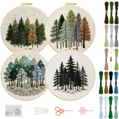Stickerei-Set für Anfänger, 4 Sets, Waldlandschaft, 20 cm Rahmen