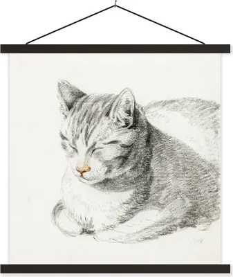 Produktbild von MuchoWow® Textilposter Liegende Katze, schräg nach vorne geneigt - Gemälde von Jean Bernard 90x90 cm mit schwarzem Rahmen - Magnetisches