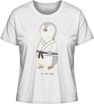 Produktbild von Mr. & Mrs. Panda Damen T-Shirt Kurzarm Pinguin Karate Größe L - Weiß - Geschenk, Kampfkunst, Selbstverteidigung, Baumwoll, Oberteil, Shirt Mit Print, Verein, Basic