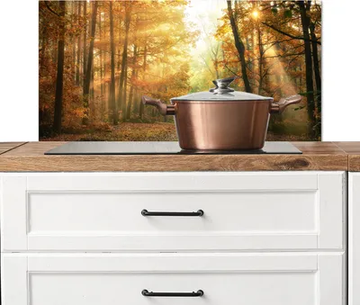 Produktbild von KitchenYeah®  Spritzschutz Küche - Küchenrückwand - Wandschutz für Herd und Spüle - Wald - Herbst - Sonne - Landschaft - Natur - Bäume - Laub 80x40 - Alu-Dibond (Alternative zum Spritzschutz aus Glas)