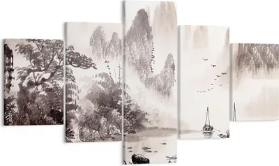 Produktbild von Bild auf Leinwand - Leinwandbild - 5 Teile - Chinesisch Landschaft Aquarell - 125x70cm - Wand Bild - Wanddeko - Wandbilder - Leinwanddruck - Bilder - Wanddekoration - Leinwand bilder - EA125x70-4265