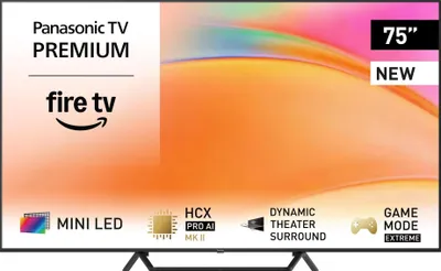 A marketing image for a Panasonic TV, showing its screen and key features.