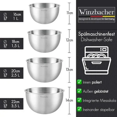 Image de Set de récipients en acier inoxydable, 4 pièces, lavables au lave-vaisselle, 1 à 35 l, empilables, antidérapants