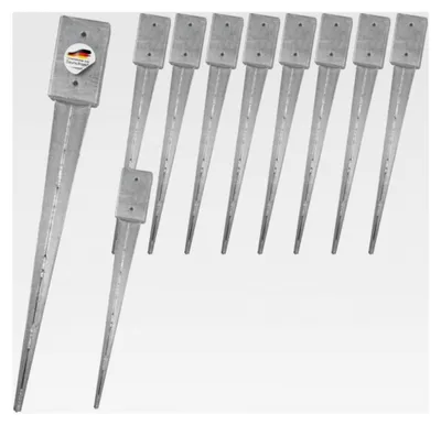 Produktbild von Einschlaghülsen für Pfosten 9x9 cm | 10er Set verzinkte Bodeneinschlaganker | Einschlaghülsen ca. 91x91x750 mm | Bodenanker für Kantholzpfosten ohne Betonieren