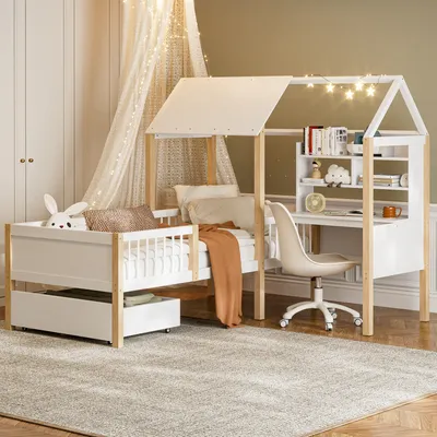 Produktbild von AIORBER Kinderbett, 90x200cm, mit L-Schreibtisch,abgerundete Geländer, Massivholz, Absturzsicherung, stabil und sicher, Lattenrost, platzsparend, Weiß