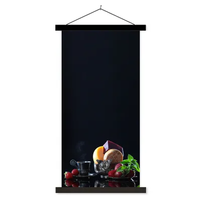 Produktbild von MuchoWow® Textilposter Rustikal - Obst - Käse - Tisch - Stilleben 40x80 cm mit schwarzem Rahmen - Wandemalerei