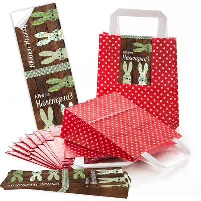 Produktbild von Logbuch-Verlag 5 kleine ROTE Papiertüte Geschenktüte mit Henkel gepunktet 18 x 8 x 22 cm + 5 Osternest Osteretiketten 7,2 x 21 cm Text Frohe Ostern Geschenk Aufkleber braun weiß schwarzHasen Braun, Beige, Grün / 10 Stück
