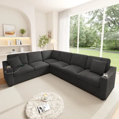 Produktbild von L-förmiges Ecksofa, 6-Sitzer, USB/Type-C, 2 Getränkehalter, 2 Kissen, Cord (Grey)