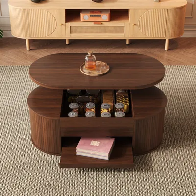 Produktbild von Anhebbarer Couchtisch Couchtisch mit gebogenen Holzseiten ausziehbarem Regal anhebbarer Tischplatte multifunktionales Wohnzimmermöbel