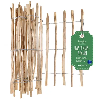 Zdjęcie produktu dla Creative Home Płot Leszczynowy Sztachetowy | 90 cm Wysokości i 5 m Długości | Płotek Rolowany | Rozstaw Listewek 3-5 cm | Idealny jako Obrzeże do Kwiatów | Ogrodowy Płotek z Drewna Orzechowego