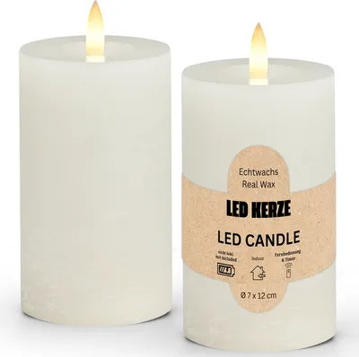 Immagine prodotto di Set di candele a LED a cera, fiamma tremolante, Ø 7x12 cm, bianco