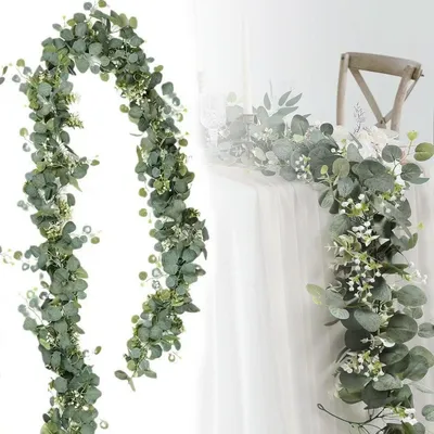 Image de Guirlande d'eucalyptus de 180 cm avec des fleurs blanches, décoration artificielle en branches de sapin