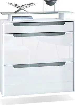 Produktbild von Vladon Schuhschrank Annie, Schuhkipper für 16 Paar Schuhe mit 2 Klappen, 1 Schublade und Glasablage, Weiß matt/Weiß Hochglanz, Griffmulden in Grau Hochglanz (89 x 96 x 23 cm)