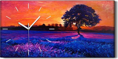Produktbild von Wohnzimmer-Bild Leinwand Uhr 60x30 Gemälde Wiese Blumen Baum Sonnenuntergang - weiße Hände