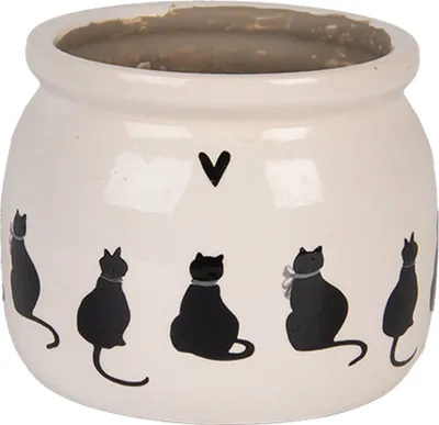 A beige ceramic pot with black cat illustrations and a small black heart above them.