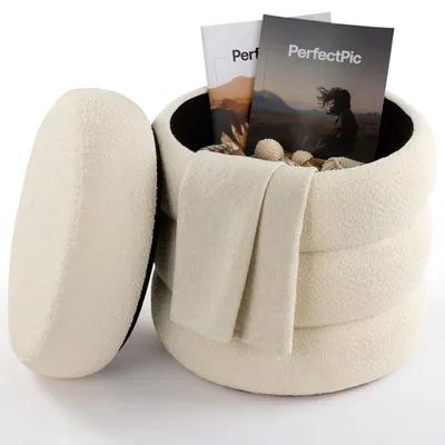 Productafbeelding van Opbergpoef - Poef met opbergruimte - Bouclé poef - Ø 42 cm - 120 kg