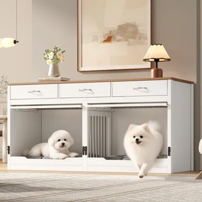Produktbild von Merax Hundehütten Holz-Metall mit 3 Schubladen und 2 Türen, Abnehmbare Trennwand, Hundehaus für 2 Hunde, Innen Hundehöhle, XXL 164×60×81cm, Natur