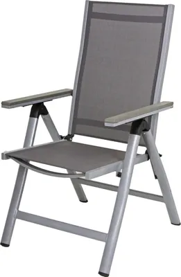 A single gray folding garden chair is shown against a white background.
