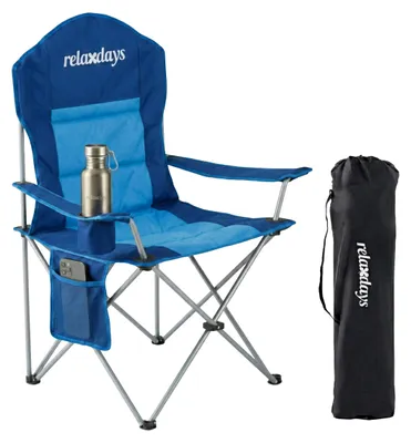 Image de Chaise de camping Relaxdays, pliable, sac de transport, porte-boissons, 160 kg, chaise pliante rembourrée, polyester, métal, bleu