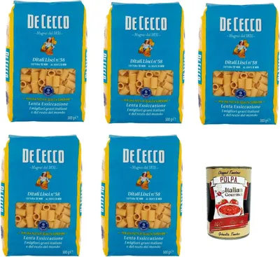 Produktbild von De Cecco Ditali Lisci N°58, 100% Italienisch Pasta Nudeln 5x 500g + Italian Gourmet Polpa 400g