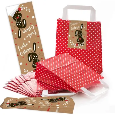Produktbild von Logbuch-Verlag 5 kleine ROTE Papiertüte Geschenktüte mit Henkel gepunktet 18 x 8 x 22 cm + 5 Osternest Osteretiketten 7,2 x 21 cm Text Frohe Ostern Geschenk Aufkleber braun weiß schwarzHase "Frohe Ostern" schwarz, braun / 5 Stück