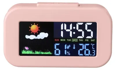 Produktbild von Digitaler Wecker mit Wetteranzeige, Temperatur- und Luftfeuchtigkeitsanzeige, LCD-Display und LED-Hintergrundbeleuchtung – Rosa