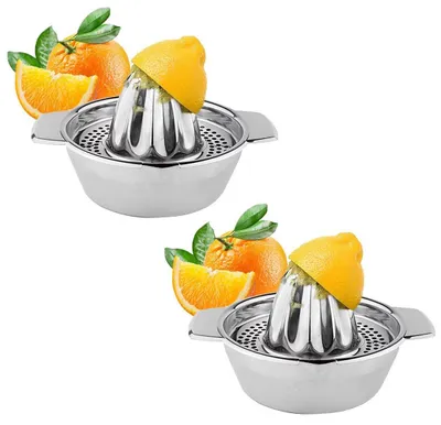 Produktbild von 2er Set Zitruspresse manuell aus Edelstahl | Ø12.5cm Saftpresse | Zitronenpresse mit Auffangbehälter und Ausgießer | Limettenpresse | Fruchtpresse | Orangenpresse Entsaftter für Zitronen Zitrusfrüchte