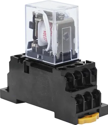 A product shot of an electrical relay with its socket, isolated on a white background.