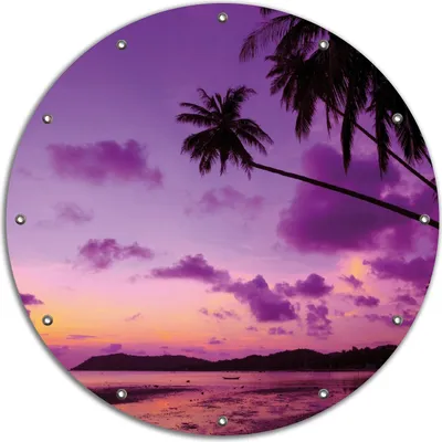 Produktbild von Wallario rundes Outdoor-Poster für Garten oder Balkon, Motiv Sonnenuntergang unter Palmen  Himmel in lila und orange, 90 cm Durchmesser