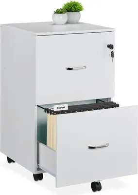 Image de Caisson à roulettes Relaxdays, 2 tiroirs avec dossiers suspendus, H x l x P : 72 x 43 x 46 cm, armoire à dossiers verrouillable, blanc