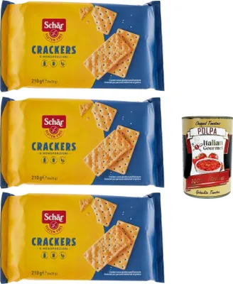 Produktbild von Schär Crackers senza Glutine, Glutenfreie Cracker. Speziell für Menschen mit Glutenunverträglichkeit entwickelt, 3x 210g + Italian Gourmet polpa 400g
