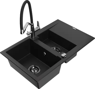 Produktbild von Mexen Gaspar 1,5-Becken-Granitspüle mit Abtropffläche und Mischbatterie Duo, Schwarz - 6507-77-671701-07-B