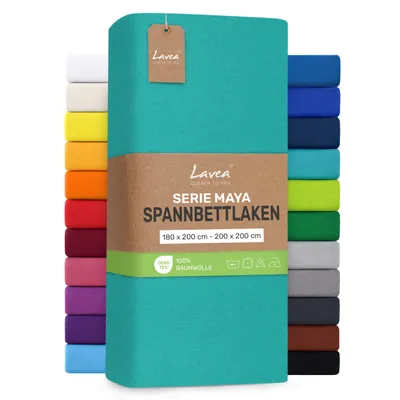 Produktbild von Lavea® Spannbettlaken 180x200cm - 200x200cm, Maya, 100% Baumwolle – Weiches, atmungsaktives Bettlaken für Matratzen bis 20cm - Türkis