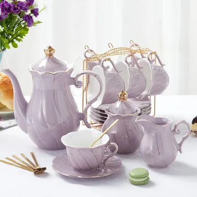 Obrázek produktu pro Sada porcelánového čajového nádobí pro 6 osob, fialová, včetně podnosu. (22 dílů)