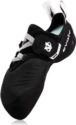 Kletterschuh Phantom von Evolv; schwarz mit weißem Logo und Schnürung; für Kletteraktivitäten.