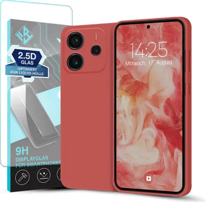 Produktbild von Hülle für Xiaomi Redmi Note 14 mit 9H Displayglas Displayschutz Plus Case Cover Bumper Silikon Softgrip Schutzhülle Farbe: Rot