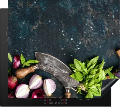 Produktbild von KitchenYeah© Herdabdeckplatte Gemüse - Kräuter - Wiegemesser - Zwiebel - Gewürze - Rustikal , 59x52cm, Küche Deko, Glaskeramikkochfeld Herdabdeckung, Abdeckplatte fùr Kochfeld