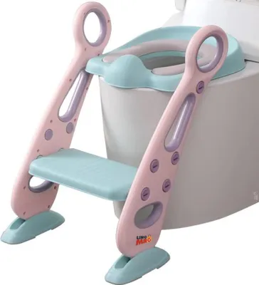 Produktbild von Kinder-Toilettensitz mit Leiter, Linomag®, klappbar, höhenverstellbar, weicher Sitz, 42,6 x 55 x 41,5 cm, Rosa/Türkis