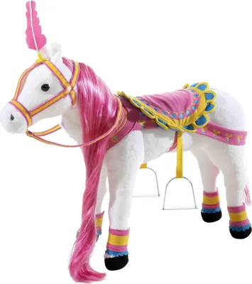 A white plush unicorn with pink mane and tail, adorned with colorful saddle and leg wraps, standing on a white background.