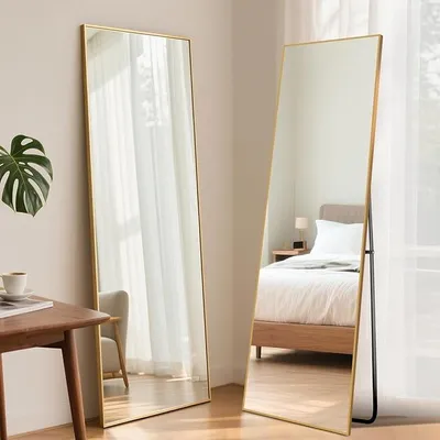 Productafbeelding van Hoogwaardige staande spiegel, 140x40 cm, wandspiegel met gouden frame en gehard glas, spiegels voor het hele lichaam, geschikt voor slaapkamer, woonkamer, hal en badkamer