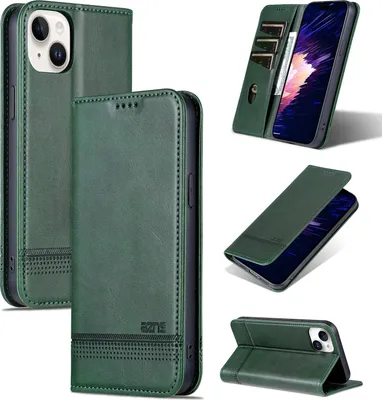 Immagine prodotto di Custodia in pelle per iPhone 15, custodia pieghevole a portafoglio con chiusura magnetica e supporto verde