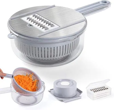 Immagine prodotto di Grattugia multifunzionale con spiralizzatore e tritatutto - Lame in acciaio inossidabile con copertura di protezione - Cestello di sgocciolamento - Spiralizzatore e tritatutto multifunzionale a 10 funzioni per verdure.