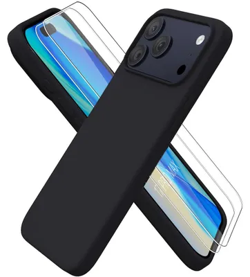 Image de Coque + 2 Verres Trempés pour iPhone 17 Pro Max, Protection Silicone Souple Doux Slim Anti-Rayures Noir
