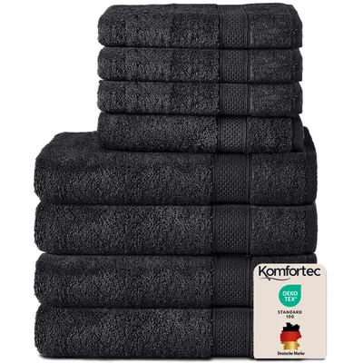Produktbild von Komfortec 8er Handtuch Set aus 100% Baumwolle, 4 Badetücher 70x140 und 4 Handtücher 50x100 cm, Frottee, Weich, Towel, Groß, Schwarz