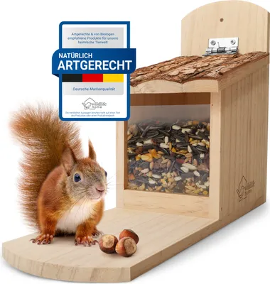 Produktbild von WILDLIFE HOME Eichhörnchen-Futterhaus mit Rindendach I Futterstation aus verschraubtem Massiv-Holz I Wetterfest & Unbehandelt I Eichhörnchenhaus für Eichhörnchenfutter