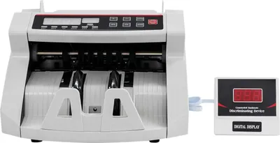 Produktbild von Tragbarer Geldscheinzähler - Banknotenzählmaschine - 2-in-1, LED-Display, Mehrwährung, Rückseitige Zuführung, Einzugskapazität 200 Scheine, Zählt 1–999 Scheine - Weiß