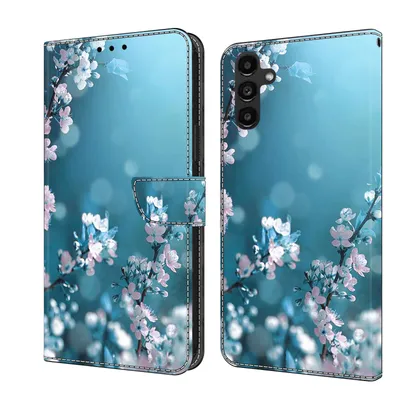 Produktbild von CLM-Tech Handyhülle kompatibel mit Samsung Galaxy A17 5G Hülle - Tasche aus Kunstleder - Klapphülle mit Ständer und Kartenfächern - Schutzhülle Wallet Case Cover Pflaumenblüte blau