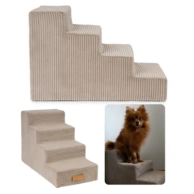 Produktbild von Hundetreppen, Für kranke und ältere Tiere, Einganshilfe, Rampe, 4 Stufen, 60 x 30 x 40 cm, Kord Beige